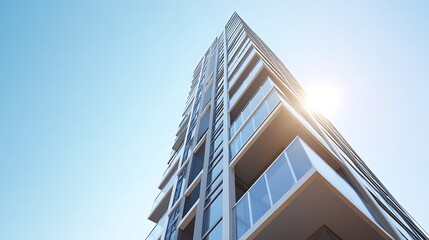 Modern glass skyscraper architecture reflects the blue sky in the urban cityscape