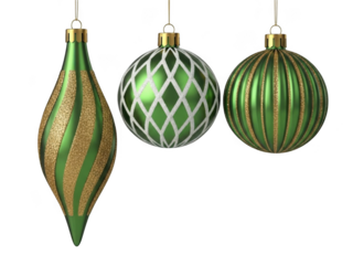 Elegant green christmas ornaments isolated on transparent background