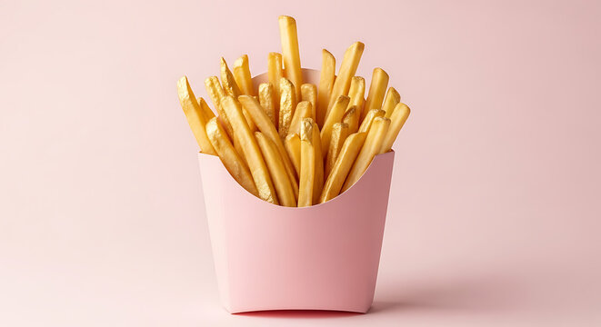 Golden french fries in a pink paper cup on a pastel pink background, a classic and comforting fast food snack, perfect for satisfying cravings and enjoying a quick and tasty treat, delicious and satis