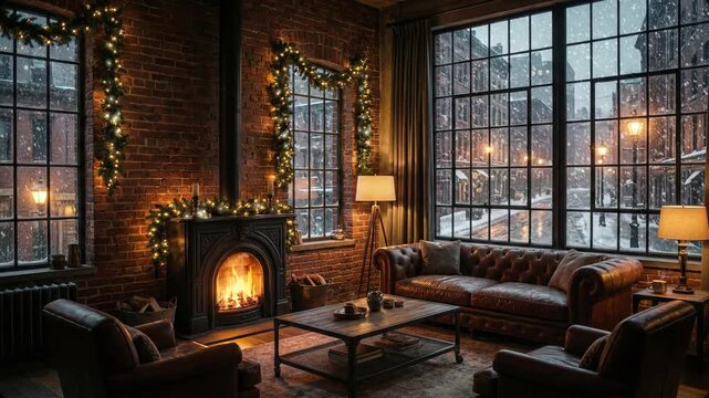 Flames dance in the fireplace while snow falls outside the window during winter. Looped footage for background.