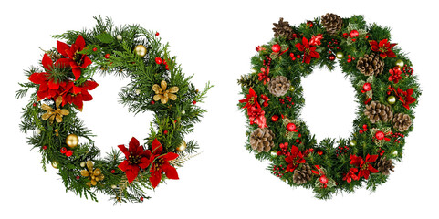 christmas wreath decorated with red ribbons pine cone berries isolated