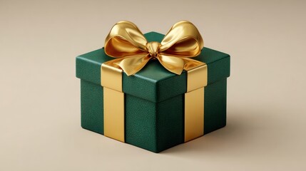 Obraz premium Green gift box with a gold bow on a neutral background, ideal for holiday and festive celebration themes