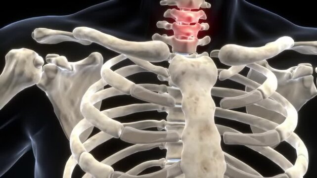 Thoracic,Spine,Vertebrae Detailed view of human upper back spinal structure showing bone joint pain and medical diagnosis