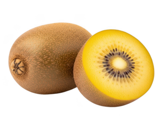 Golden kiwi fruit sliced in half isolated on transparent background