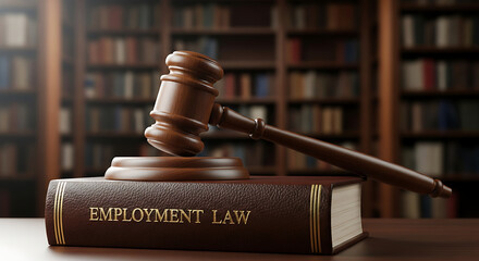 Gavel resting on 'Employment Law' book, symbolizing workplace justice and legal resolutions in a professional library setting
