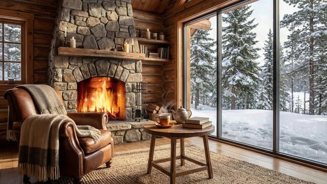A cozy room with a fireplace books and a snowy view outside the window. Looped footage for background.