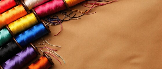 Colorful spools of thread arranged on a soft brown background ready for sewing and crafting projects in a creative workspace