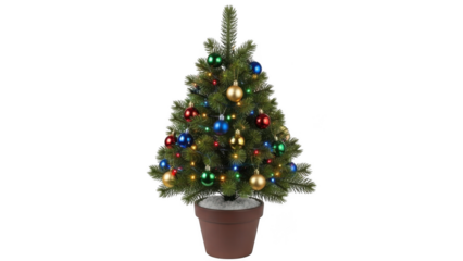 Small christmas tree in a brown pot with colorful ornaments isolated on transparent background