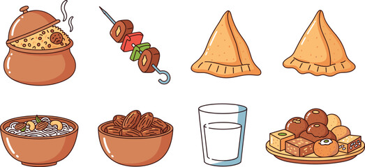 Cute Doodle Food Icons for Eid | Kawaii Eid Sweets & Feasts Clipart | Hand-Drawn Islamic Festival Icons