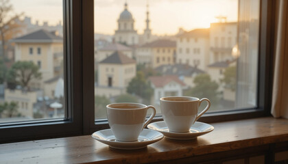 Coffee cups on a hotel window sill with scenic city view at sunrise