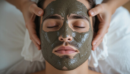Man receiving a mud facial mask treatment for skincare and relaxation therapy