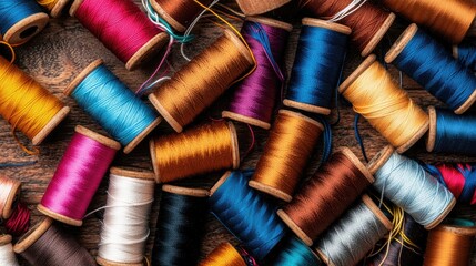 Colorful sewing threads scattered on a wooden surface, showcasing various hues and textures suitable for crafting and stitching projects