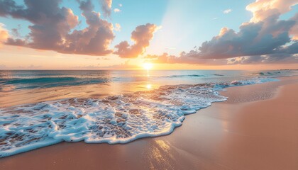 Serene ocean waves wash over a sandy beach at golden hour sunset