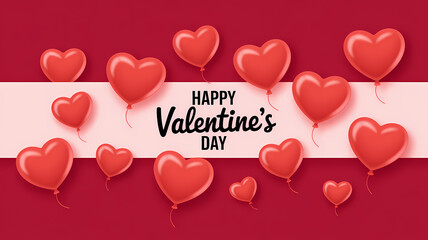 happy valentines day banner with red heart balloons background