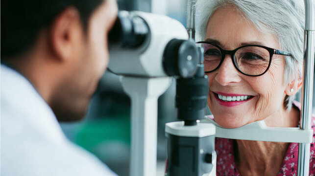 Happy mature woman in glasses undergoing an eye test at an ophthalmologist's office, focused on eye care