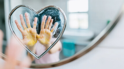 Hands of child pressed against a heart shaped mirror, creating smudges and reflections on the steamy surface in a bathroom