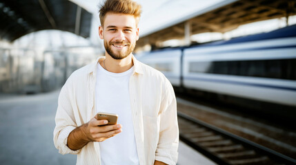Young man smiling, holding smartphone at train station platform. He is a modern commuter connecting with urban life and technology