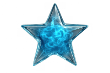Glass star glowing with blue energy, sparkling crystal award icon, magic power graphic with transparent background