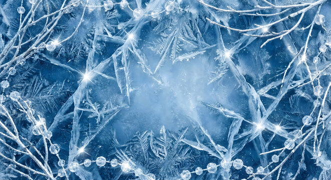Abstract frozen crystal background with decorative twigs and sparkling lights - Powered by Adobe