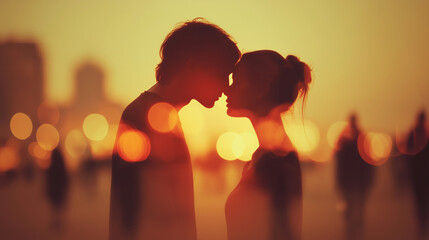 Loving couple's silhouettes showing intimacy and connection during a romantic sunset, with warm light and city bokeh