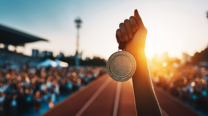 Athlete's hand holding a gold medal high, celebrating victory, success, and achievement over a stadium crowd at sunset