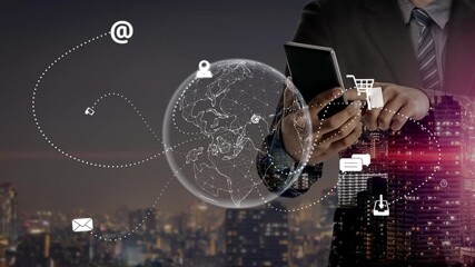 Visualization of global digital communication and online across multiple platforms, including global network, digital network, communication network, and online network. Marrow - Powered by Adobe