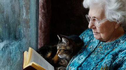 Senior woman enjoying retirement, reading a book with her tabby cat, creating a cozy and relaxing lifestyle scene at home