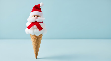 A whimsical santa claus ice cream cone against a soft blue backdrop, perfect for holidaythemed treats and festive celebrations, capturing the joyful spirit of christmas with a sweet and playful twist