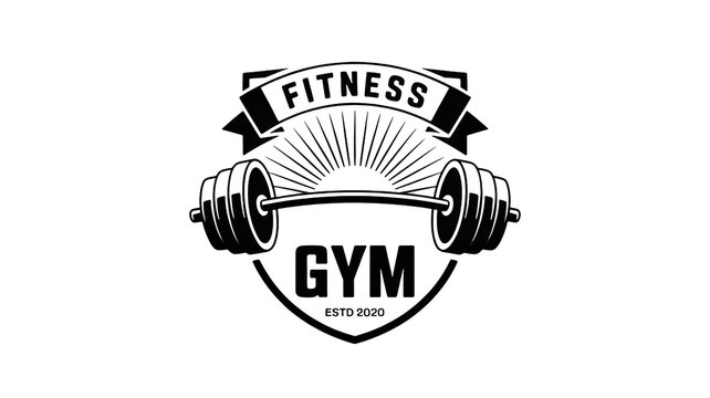 Fitness gym logo design with barbell weights for modern workout brand identity, dark mode aesthetic for athletic apparel and merchandise designs