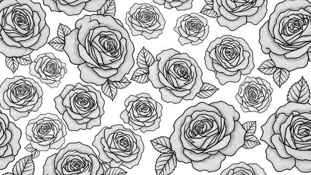 A beautiful and elegant seamless pattern of hand-drawn roses and leaves in a vintage black and white dot work or stipple style.