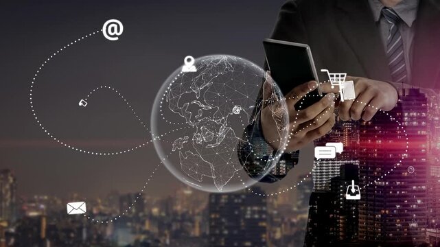 Visualization of global digital communication and online across multiple platforms, including global network, digital network, communication network, and online network. Marrow