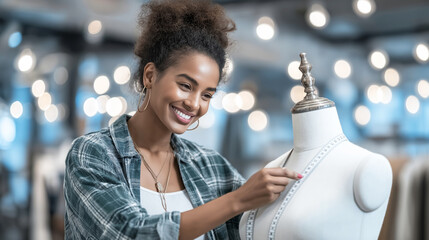 Young Black woman concentrating on her tailoring work, happily measuring a dress form with a tape measure in a brightly lit studio