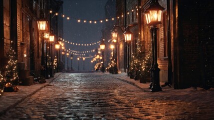 winter night with glowing Christmas lanterns along a cobblestone street,