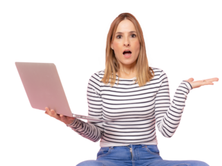 Young amazed woman sitting holding laptop computer over transparent background. PNG transparent.