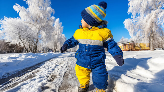 Toddler taking first steps on a snow covered path, wearing a colorful warm winter suit and hat on a sunny day