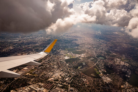Aerial view of the city from an airplane in Berlin, Germany.