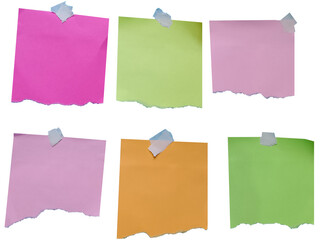 Colorful torn-edge sticky note set with pastel and vibrant square paper sheets taped on top, isolated on white background for reminders, scrapbooking, planners, and creative design layouts