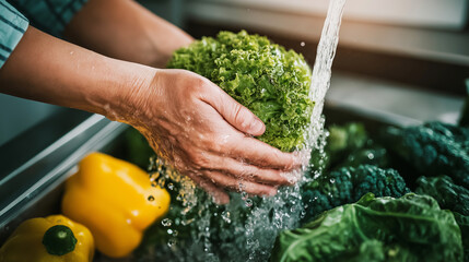 Woman's hands washing a head of crisp green lettuce under cool tap water in a kitchen sink. Healthy food preparation for a nutritious meal