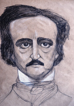 Vintage hand-drawn portrait sketch of Edgar Allan Poe on textured paper. 