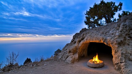 Warm fire in a natural cave at sunset overlooking the vast ocean with a dramatic sky and rocky terrain