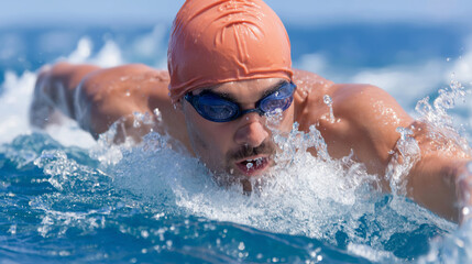 Strong athletic swimmer pushing through water, demonstrating intense effort and determination while training or competing outdoors