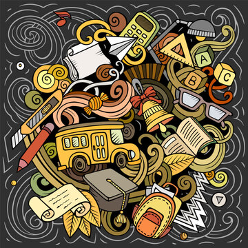 Vector chalkboard illustration of school and education objects, supplies, books, and learning elements in doodle style.