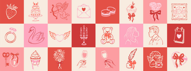 Romantic seamless pattern. Mosaic background with hand drawn holiday elements, Love sticker, bow, hearts, desserts, angel. Vector.