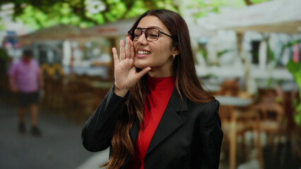 Woman with glasses in red and black talking on a terrace at an outdoor restaurant with blurred background of tables and trees on a sunny day.