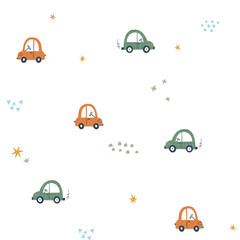 Cute seamless pattern with small cartoon cars and tiny decorative elements in soft colors. Perfect for kids designs, nursery themes, textiles, packaging, and playful creative projects.