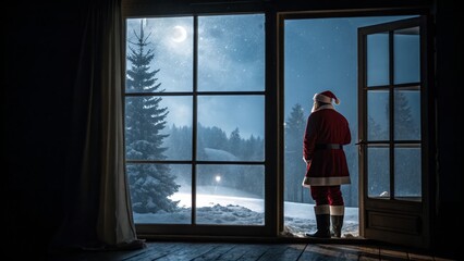 Fototapeta premium Santa Claus stands by a window and open door looking out at a snowy winter night for Christmas magic concept and silent night anticipation