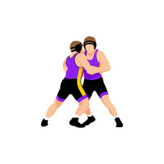 Two wrestlers in purple and black uniforms locked in a match.