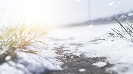 Melting snow revealing green grass and dark soil on a sunny day, concept of spring coming and new growth