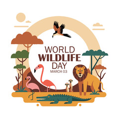 World Wildlife Day concept with animals in the forest. Modern flat vector illustration. Web banner template.