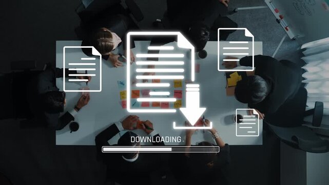 A bird-eye view of a diverse team collaborating in an office, with a digital download icon overlay symbolizing productivity and teamwork in modern business workflows. Raster